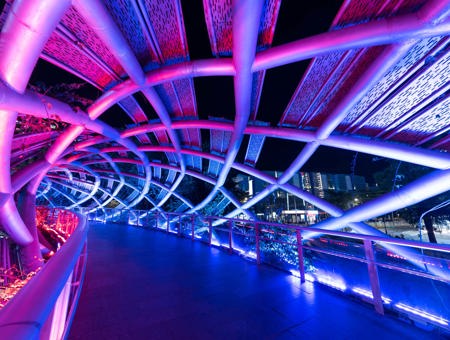 Bridge lit at night with neon pink and purple lighting