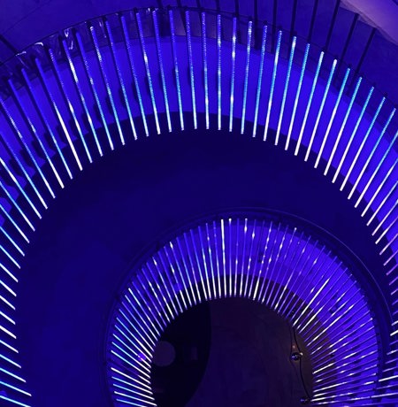 View of spiral staircase in neon blue lighting