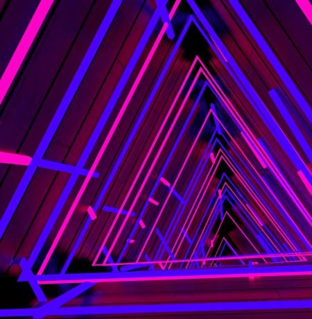 Neon lighting in trianble shapes layered on top of each other
