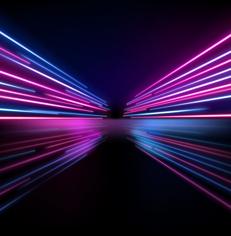 Neon light moving toward the horizon on black background